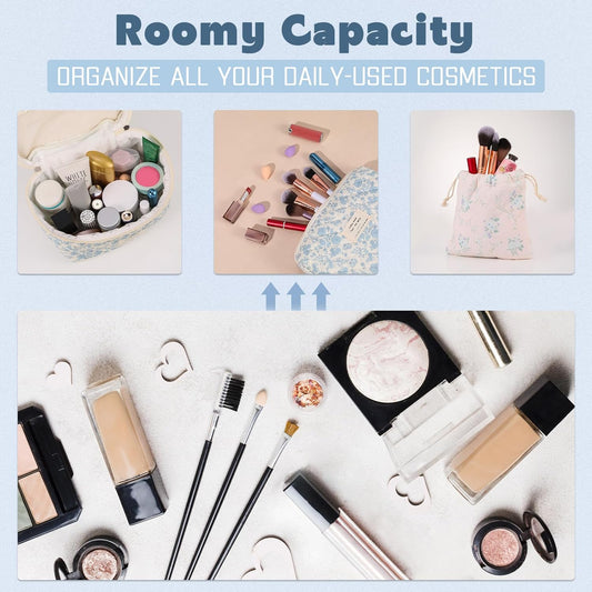 3 Pack Floral Cotton Makeup Bag Set, Large Travel Quilted Makeup Bag,Coquette Aesthetic Toiletry Bag, Large and Medium Cosmetic Bag with Drawstring Bag for Women Girls(Leaves)