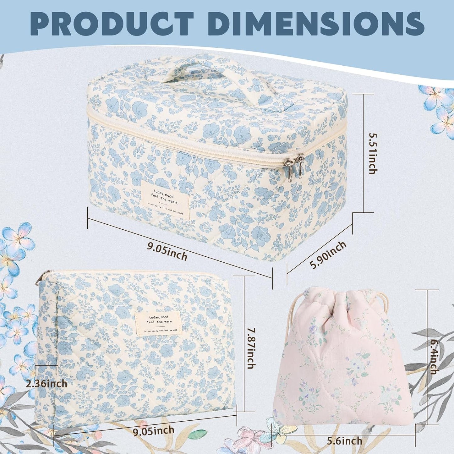 3 Pack Floral Cotton Makeup Bag Set, Large Travel Quilted Makeup Bag,Coquette Aesthetic Toiletry Bag, Large and Medium Cosmetic Bag with Drawstring Bag for Women Girls(Leaves)