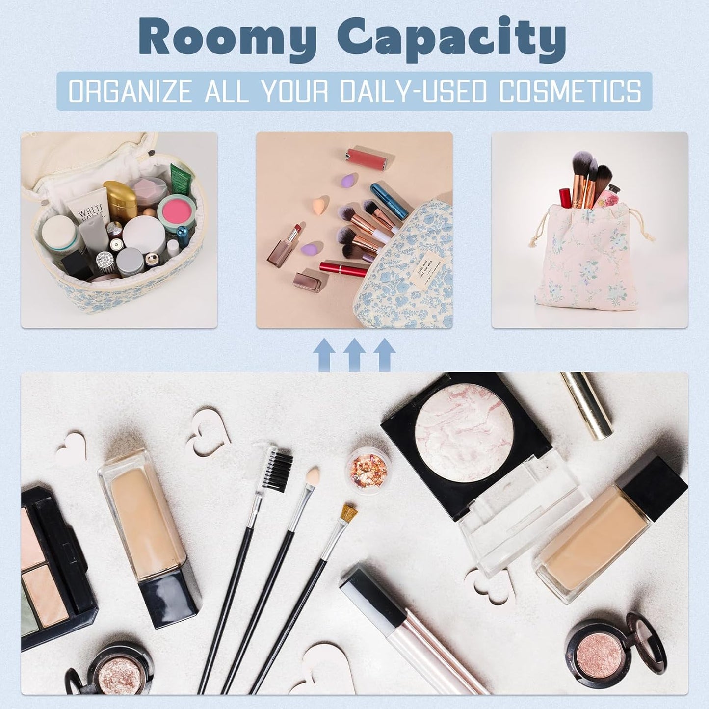 3 Pack Floral Cotton Makeup Bag Set, Large Travel Quilted Makeup Bag,Coquette Aesthetic Toiletry Bag, Large and Medium Cosmetic Bag with Drawstring Bag for Women Girls(Leaves)