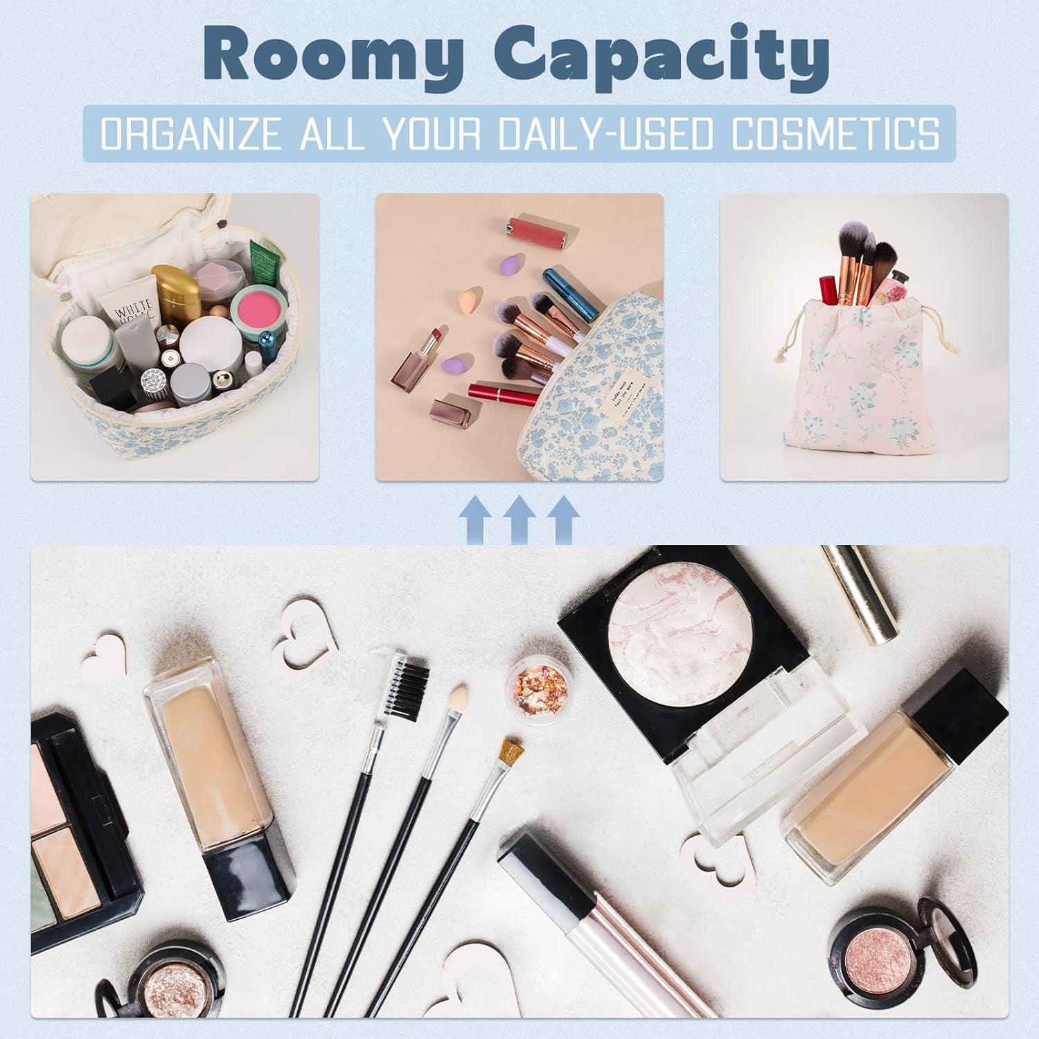 3 Pack Floral Cotton Makeup Bag Set, Large Travel Quilted Makeup Bag,Coquette Aesthetic Toiletry Bag, Large and Medium Cosmetic Bag with Drawstring Bag for Women Girls(Leaves)