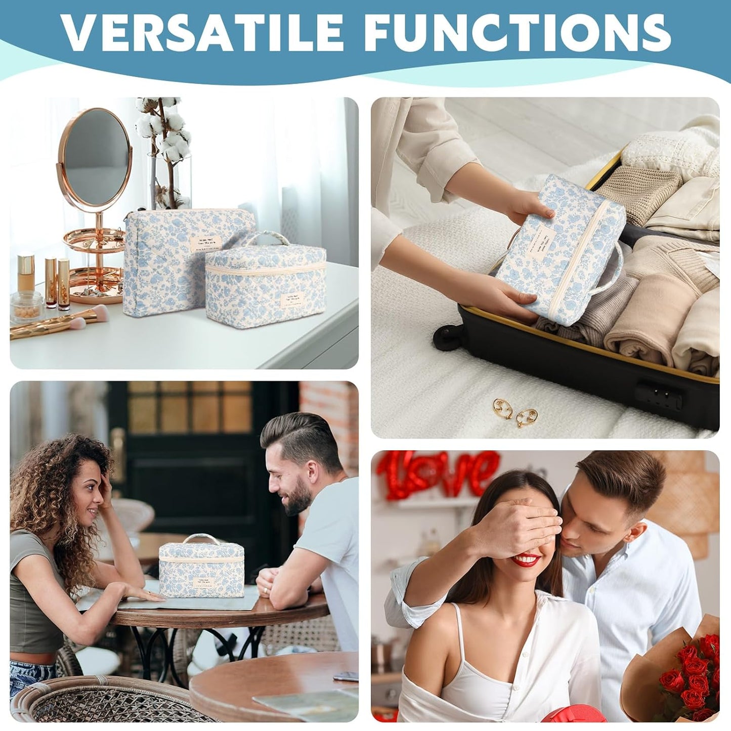 3 Pack Floral Cotton Makeup Bag Set, Large Travel Quilted Makeup Bag,Coquette Aesthetic Toiletry Bag, Large and Medium Cosmetic Bag with Drawstring Bag for Women Girls(Leaves)