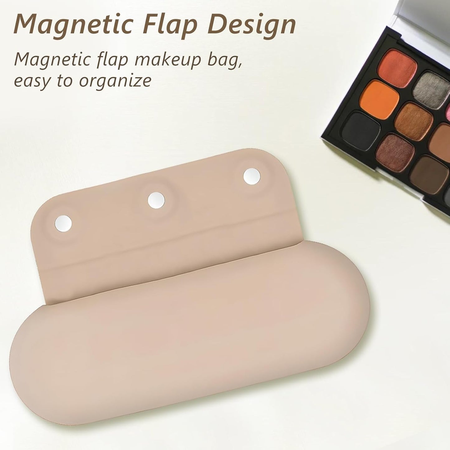 Silicone Makeup Brush Holder Cosmetic Bag: Soft, Portable Travel Case for Cosmetic Brushes with Magnetic Closure, Large Travel Organizer for Makeup Brushes - Khaki