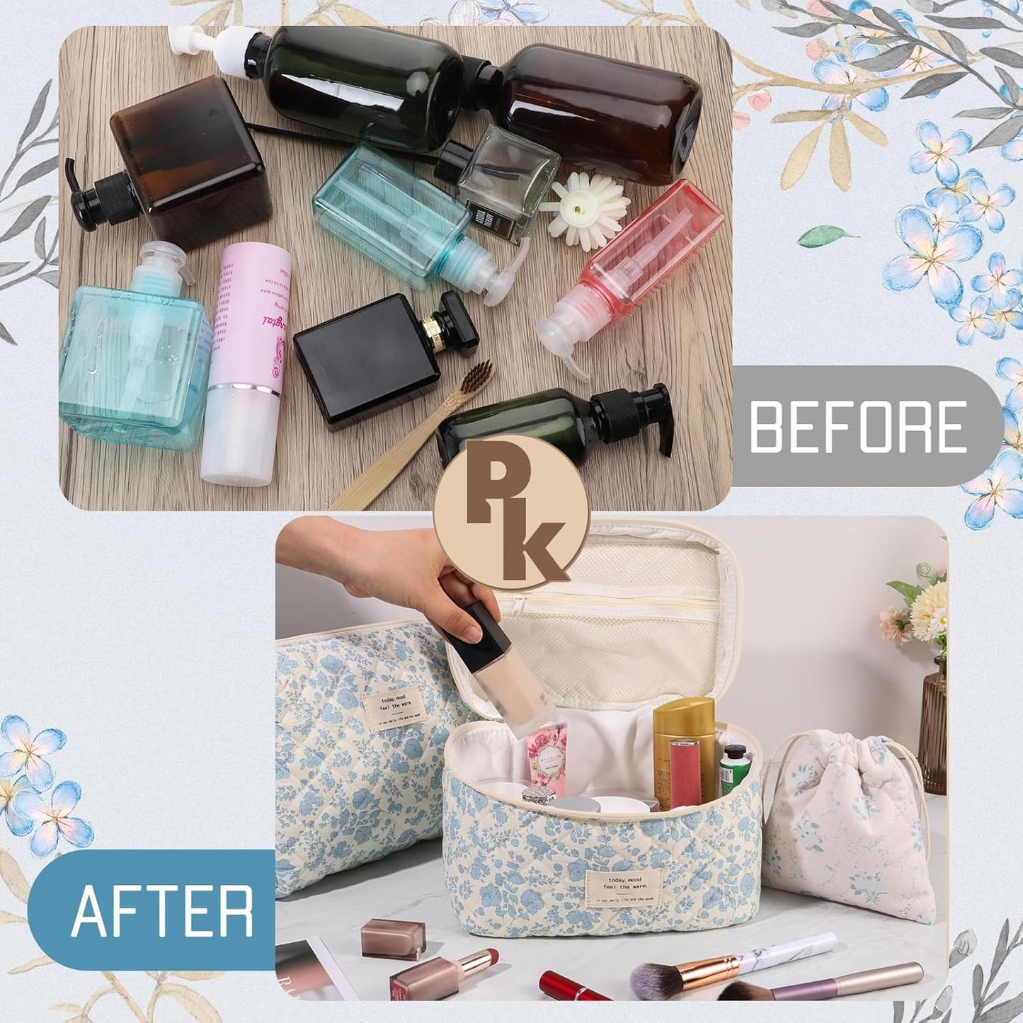 3 Pack Floral Cotton Makeup Bag Set, Large Travel Quilted Makeup Bag,Coquette Aesthetic Toiletry Bag, Large and Medium Cosmetic Bag with Drawstring Bag for Women Girls(Leaves)