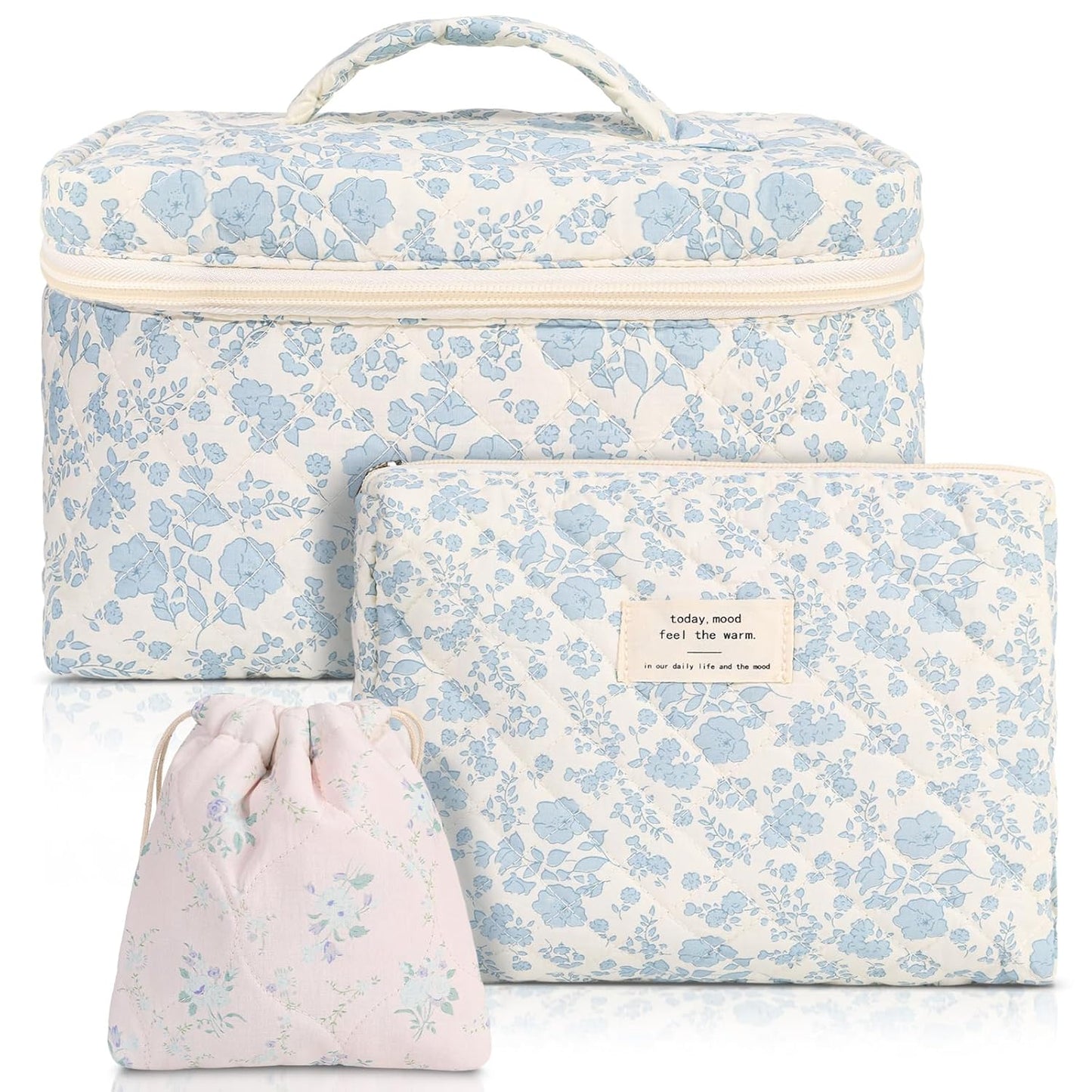 3 Pack Floral Cotton Makeup Bag Set, Large Travel Quilted Makeup Bag,Coquette Aesthetic Toiletry Bag, Large and Medium Cosmetic Bag with Drawstring Bag for Women Girls(Leaves)