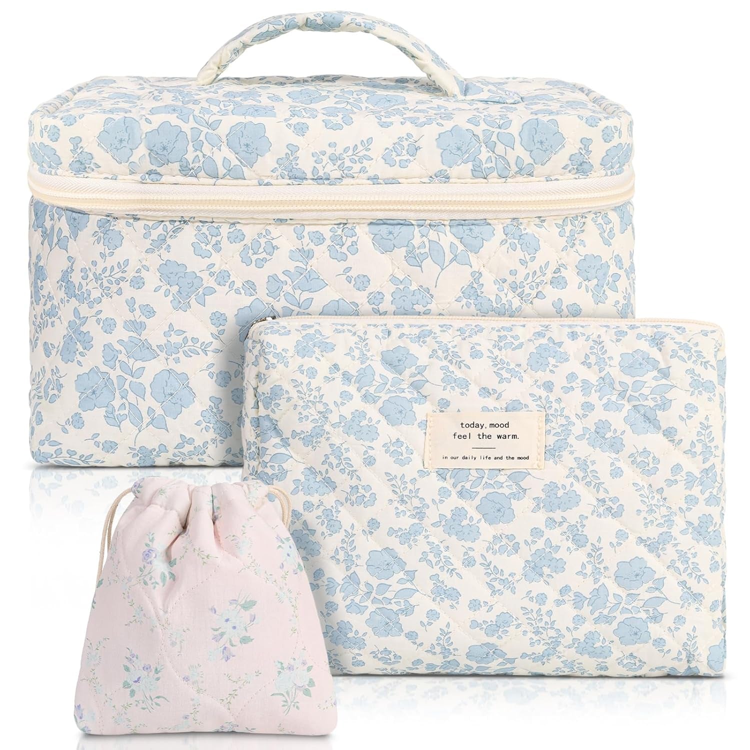 3 Pack Floral Cotton Makeup Bag Set, Large Travel Quilted Makeup Bag,Coquette Aesthetic Toiletry Bag, Large and Medium Cosmetic Bag with Drawstring Bag for Women Girls(Leaves)