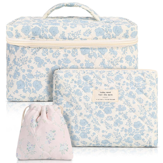 3 Pack Floral Cotton Makeup Bag Set, Large Travel Quilted Makeup Bag,Coquette Aesthetic Toiletry Bag, Large and Medium Cosmetic Bag with Drawstring Bag for Women Girls(Leaves)