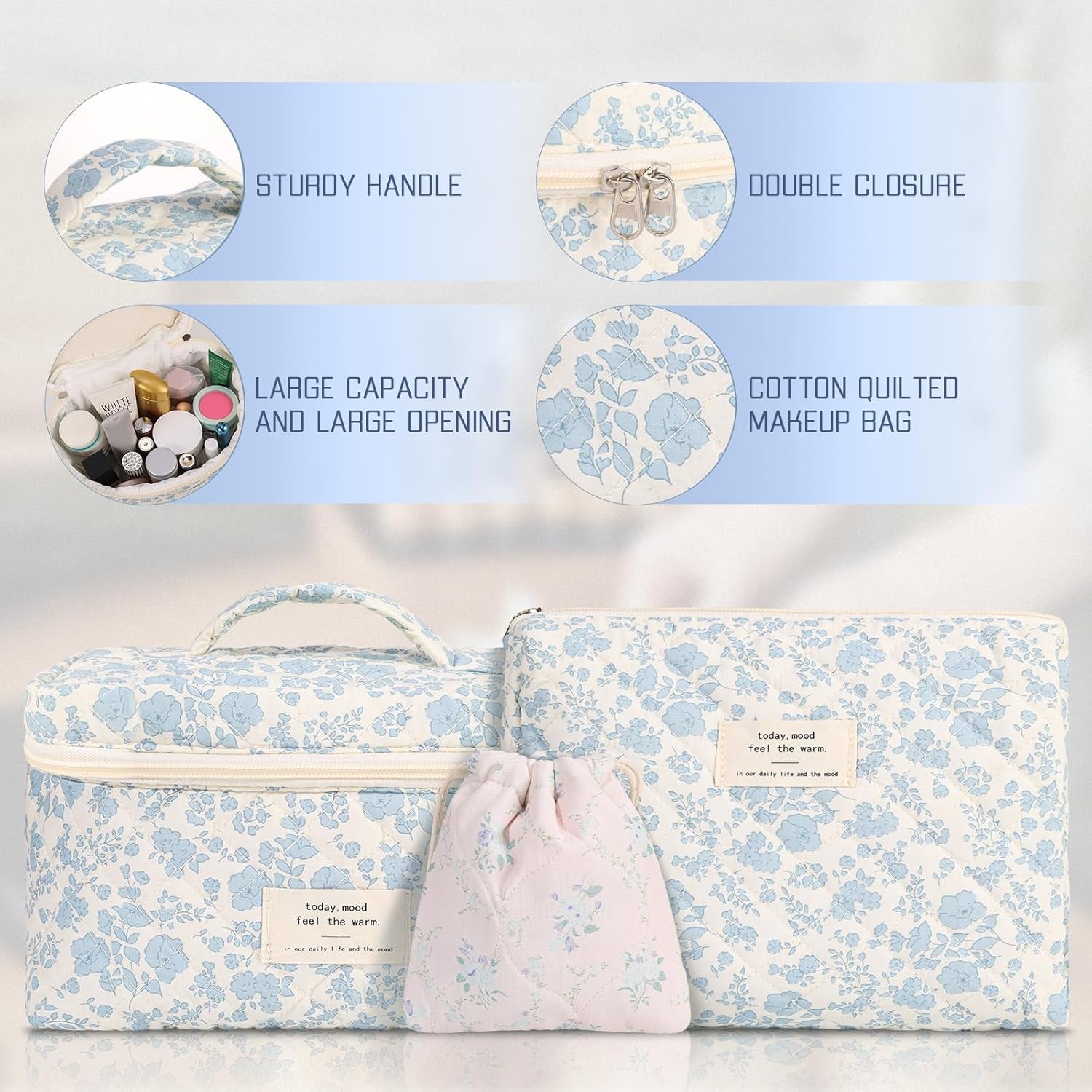 3 Pack Floral Cotton Makeup Bag Set, Large Travel Quilted Makeup Bag,Coquette Aesthetic Toiletry Bag, Large and Medium Cosmetic Bag with Drawstring Bag for Women Girls(Leaves)