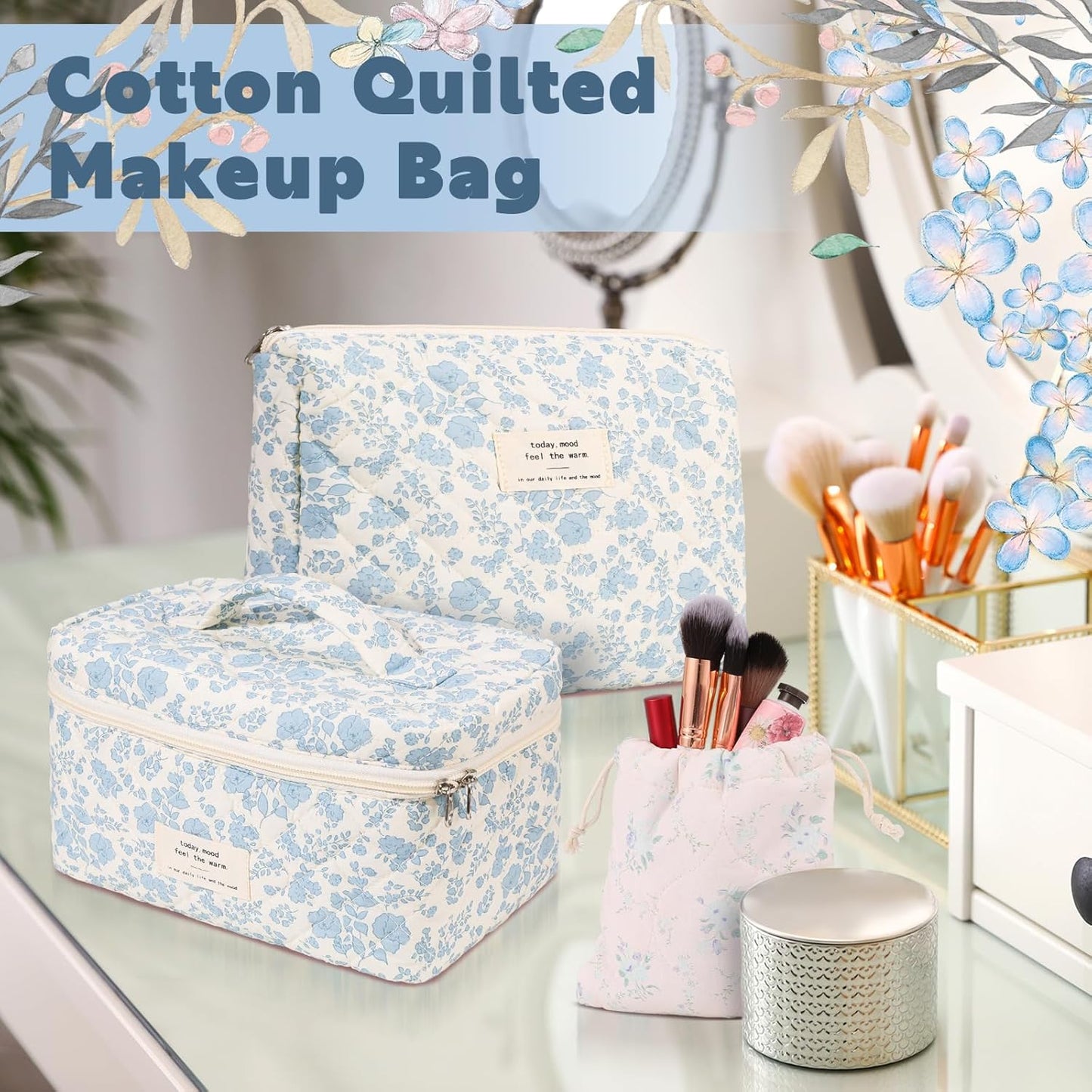 3 Pack Floral Cotton Makeup Bag Set, Large Travel Quilted Makeup Bag,Coquette Aesthetic Toiletry Bag, Large and Medium Cosmetic Bag with Drawstring Bag for Women Girls(Leaves)