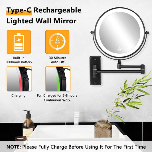 Rechargeable Wall Mounted Lighted Makeup Mirror, 8 Inch 10X Magnifying Mirror with 3 Color Lights, Dimmable Touch Screen Makeup Mirror with Lights for Bathroom, Black